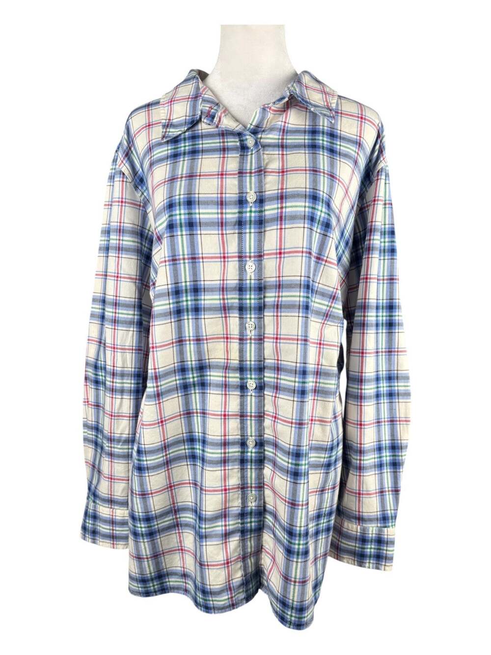 Talbots Plus 2X Flannel Button Up Shirt White Red Blue Plaid Silver Metallic